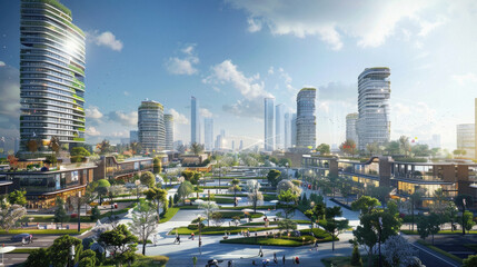 A cityscape with tall buildings and a park in the middle