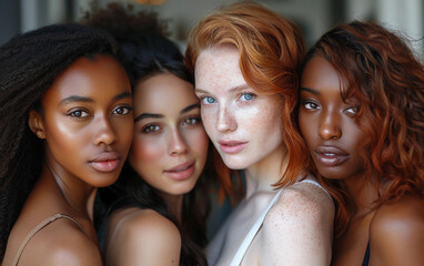 Fototapeta premium Four women with different hair colors and skin tones are posing for a photo. Scene is friendly and welcoming, as the women are smiling and looking at the camera