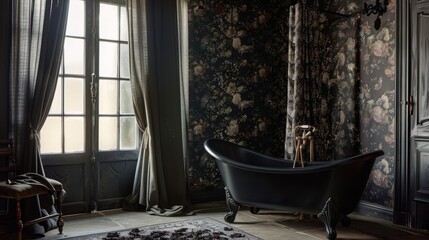 Vintage gothic black claw-foot bathtub in an elegant floral dark bathroom, perfect for decor and lifestyle imagery.