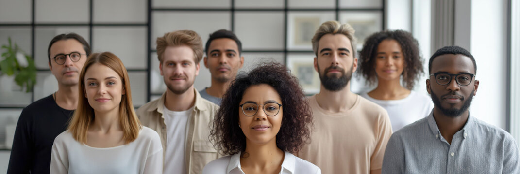 Professional team standing together. Reflects unity, corporate teamwork, and a diverse workplace, great for business and collaboration-themed content.