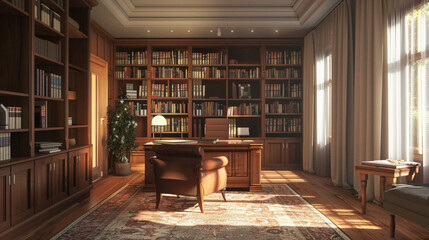 A large room with a desk and a chair, and a potted plant