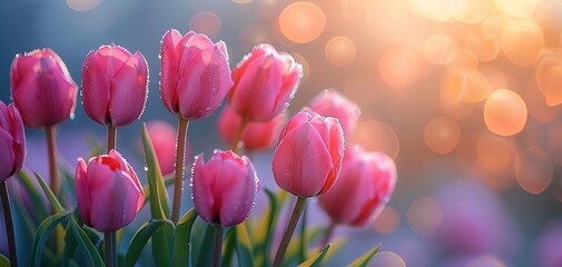 Pink tulips in pastel coral tints at blurry background, closeup. Fresh spring flowers in the garden - 794406549