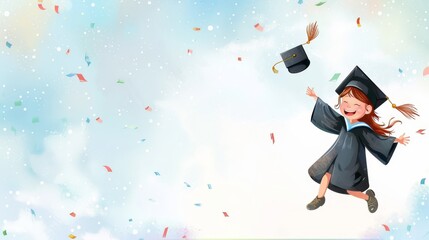 Joyful child in grad cap, bright celebratory background, conveys excitement of graduation.