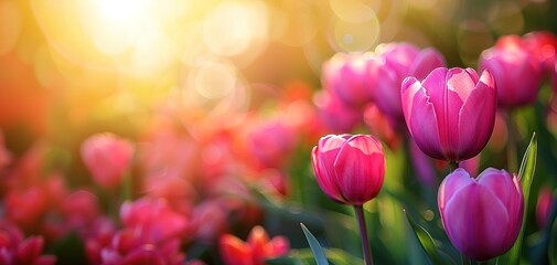 Pink tulips in pastel coral tints at blurry background, closeup. Fresh spring flowers in the garden - 794406575
