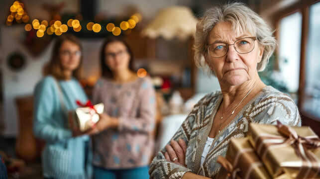 Grumpy mother-in-law spoiling festive family gathering with her moody behavior