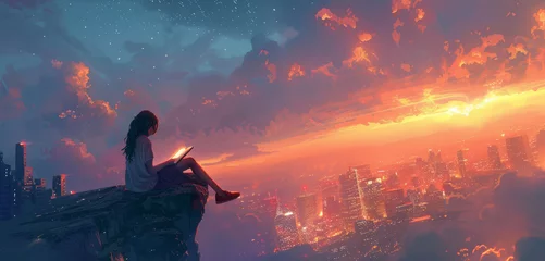 Foto op Plexiglas Dreamlike scene of reading above the clouds, solitude and peace, imaginative escape. © mashimara