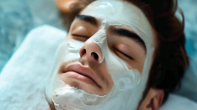Man's face covered in foamy cleansing mask during spa session, reflecting increasing popularity of self-care among men. Care, nurturing of skin of the face and body. Relaxation after a hard day's work