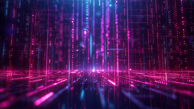 Abstract digital data stream. Futuristic cyber technology background with glowing neon lines, suitable for tech and innovation themes. Ideal for digital marketing, presentations, and tech visuals.