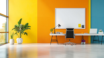 Bright, colorful office room with sleek furnishings and a pristine white frame, encouraging focus and creativity.