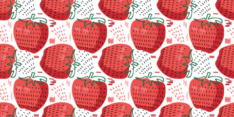 Seamless Red Strawberry pattern. Textured berries. Vector red sweet juicy berries. Scribble style with fresh fruit for healthy diet. Summer tropical prints for textile, wallpaper, packing, wrapping