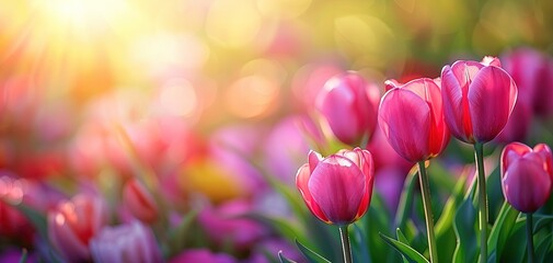 Pink tulips in pastel coral tints at blurry background, closeup. Fresh spring flowers in the garden - 794407548