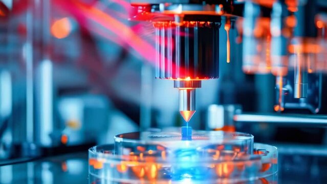 A close-up of a 3D printer's nozzle precisely depositing material, showing the intricate process of additive manufacturing technology. High-precision production equipment for metal cutting