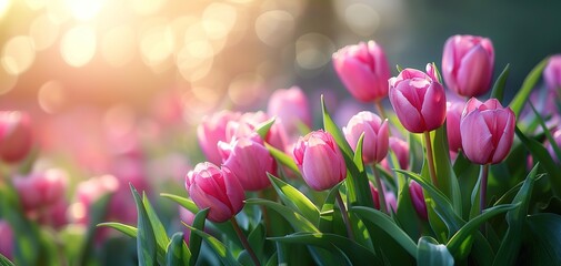 Pink tulips in pastel coral tints at blurry background, closeup. Fresh spring flowers in the garden - 794407704