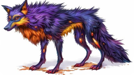   A purple-orange wolf atop a mound of dirt, next to another mound, against a white backdrop