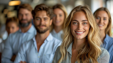 Fototapeta premium Dynamic Team Leadership. A confident female leader stands out with her team in the background, highlighting teamwork and guidance.