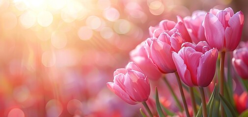 Pink tulips in pastel coral tints at blurry background, closeup. Fresh spring flowers in the garden - 794407995