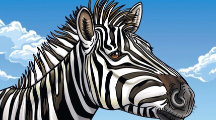 Fototapeta premium A tight shot of a zebra's face against a backdrop of cloudy sky, adorned with scattered clouds