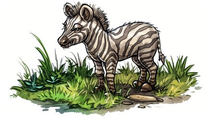 Fototapeta premium atop a verdant field, stands a striped creature; nearby, a rock and grassy terrain