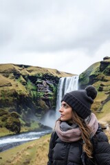 Portrait of a Woman overlooking waterfall at Island.