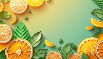 Orange slice background with leaves on green background with space to write your text 
