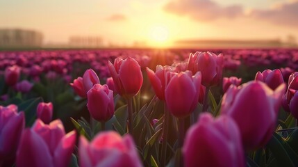 A magical landscape with sunrise over tulip field in the Netherlands - 794408705