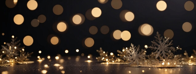 Shimmering Gold Bokeh on Noir Background. Festive Cheer Atmosphere.