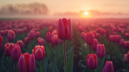 A magical landscape with sunrise over tulip field in the Netherlands - obrazy, fototapety, plakaty