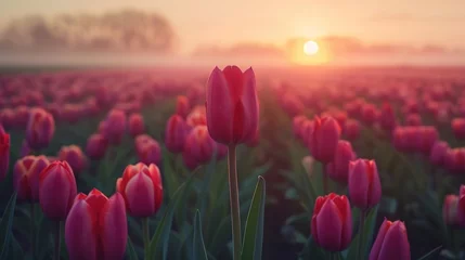 Foto auf Acrylglas A magical landscape with sunrise over tulip field in the Netherlands © Vasiliy