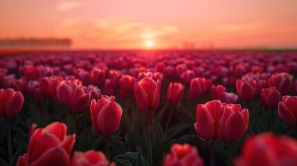 A magical landscape with sunrise over tulip field in the Netherlands - 794408959