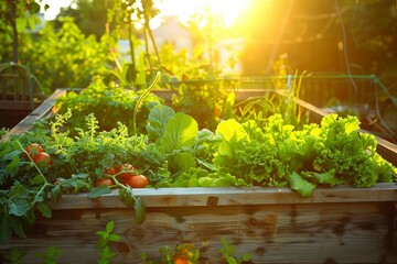 a small backyard vegetable garden with raised wooden planters filled with lush green lettuce