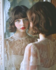 Elegant young woman with intense gaze reflected in a vintage mirror - obrazy, fototapety, plakaty