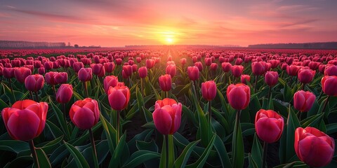 A magical landscape with sunrise over tulip field in the Netherlands - 794409758