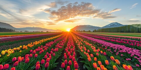 A magical landscape with sunrise over tulip field in the Netherlands - 794409932
