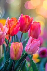 Pink tulips in pastel coral tints at blurry background, closeup. Fresh spring flowers in the garden - 794409970