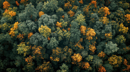 Autumnal forest tapestry. Aerial view of a forest in autumn, for environmental and seasonal content.