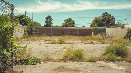 Fototapeta premium A deserted lot with a fence and a red building