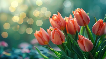 Pink tulips in pastel coral tints at blurry background, closeup. Fresh spring flowers in the garden - 794410156