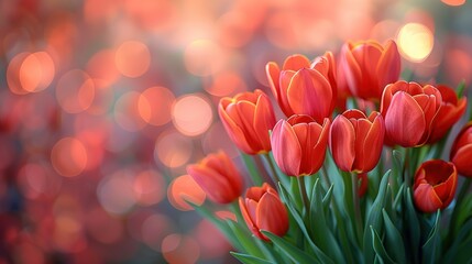 Pink tulips in pastel coral tints at blurry background, closeup. Fresh spring flowers in the garden - 794410166