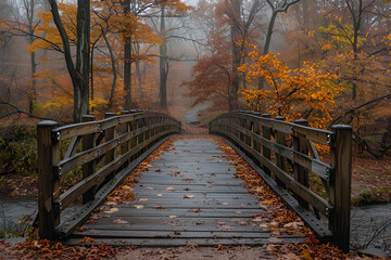 Fototapeta na wymiar Brown Wooden Bridge , Trees with red leaves on the ground and a wooden walkway