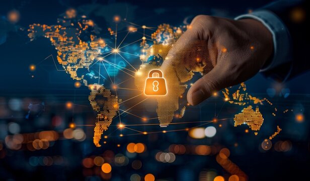 businessman touching a digital padlock icon on a virtual screen with a world map and cityscape background symbolizing global network security in the style of business technology concept Generative AI