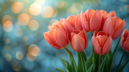 Pink tulips in pastel coral tints at blurry background, closeup. Fresh spring flowers in the garden - 794410311