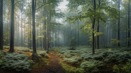Fototapeta premium Misty forest at dawn. The tranquil beauty of a forest in morning mist, perfect for themes of nature, serenity, and wilderness exploration.