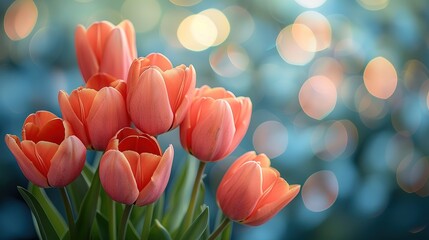 Pink tulips in pastel coral tints at blurry background, closeup. Fresh spring flowers in the garden - 794410383