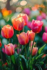 Pink tulips in pastel coral tints at blurry background, closeup. Fresh spring flowers in the garden - 794410552