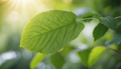 Fototapeta na wymiar Serene Close-Up of a Green Leaf Amidst Blurred Greenery, Enhanced by Sunlight and Bokeh.