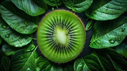   A kiwi fruit, tightly framed by leaves, features drops of water precariously perched atop its skin - obrazy, fototapety, plakaty