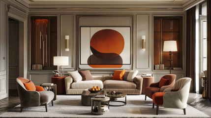 An elegant living room with a sophisticated palette of muted tones and pops of vibrant color,...