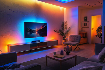 modern living room illuminated wtih vibrant led effect light for watching movies or playing games (6)