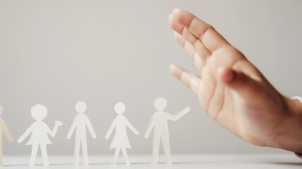 Paper cut-out figures of people with an approaching hand, representing support or interaction.
