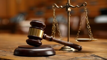Gavel and scales symbolize justice in courtroom setting. Concept Law, Justice, Courtroom, Gavel, Scales